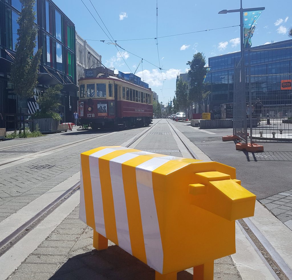 Christchurch tram and plastic sheep
