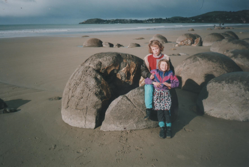 The author and her sister at Moeraki Boulders, 1999