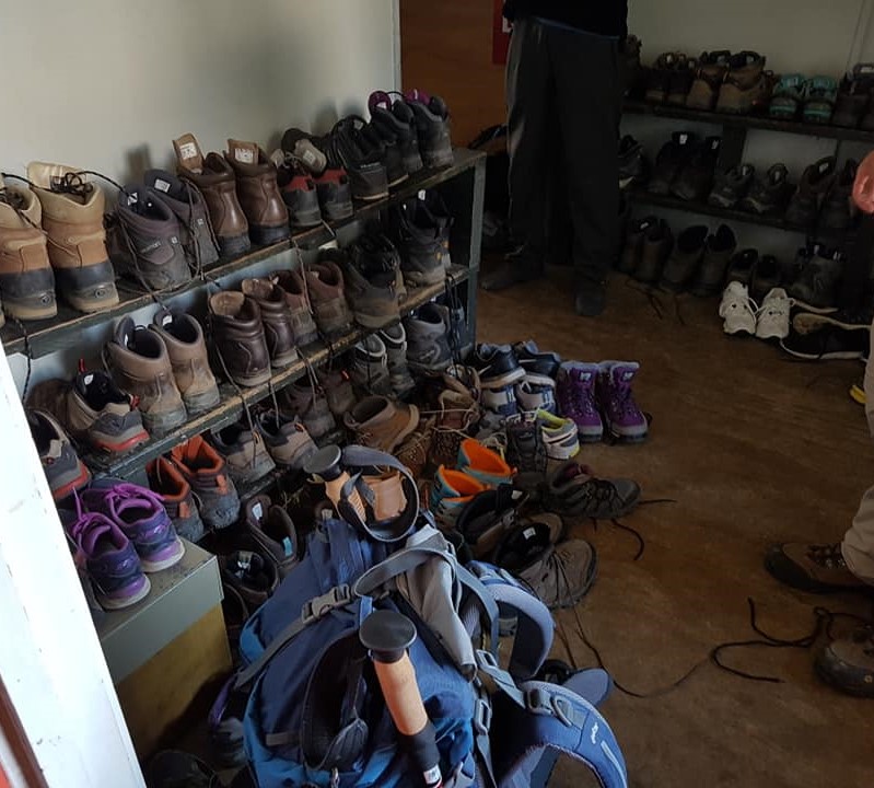 Many shoes at Luxmore Hut