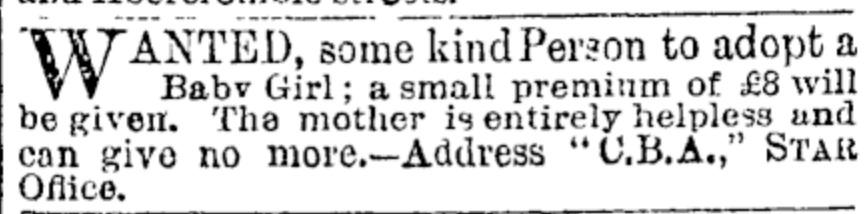 Seeking someone to adopt a baby girl, 1889