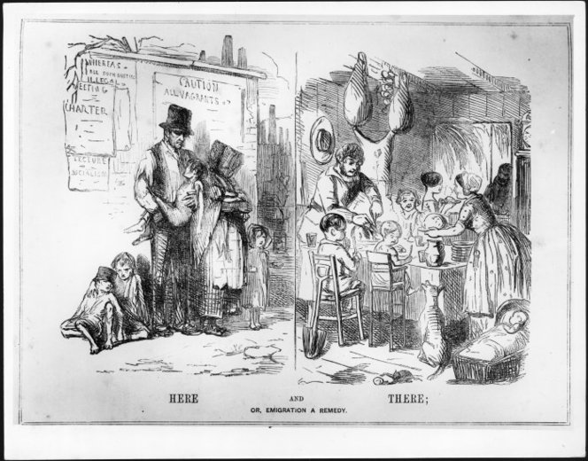 Punch :Here and there; or, emigration a remedy. London, 8 July 1848.. Ref: PUBL-0043-1848-15. Alexander Turnbull Library, Wellington, New Zealand. /records/23241802