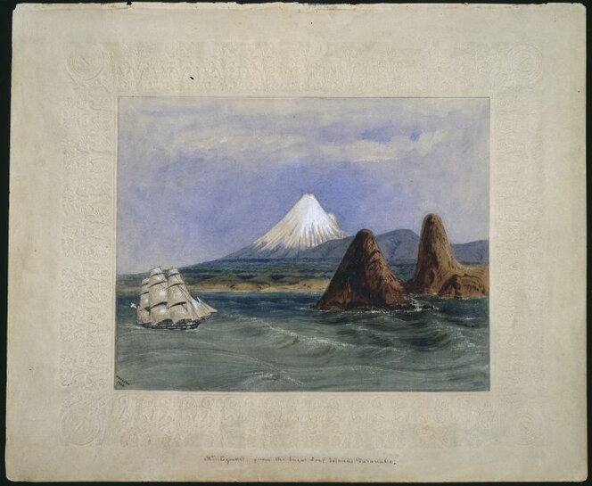 Heaphy, Charles, 1820-1881. Heaphy, Charles, 1820-1881 :Mt Egmont, from the Sugar Loaf Islands, Taranake 1849. Ref: A-145-011. Alexander Turnbull Library, Wellington, New Zealand. /records/22717831