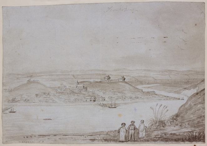 Whanganui in 1848, showing stockades built on the hilltops