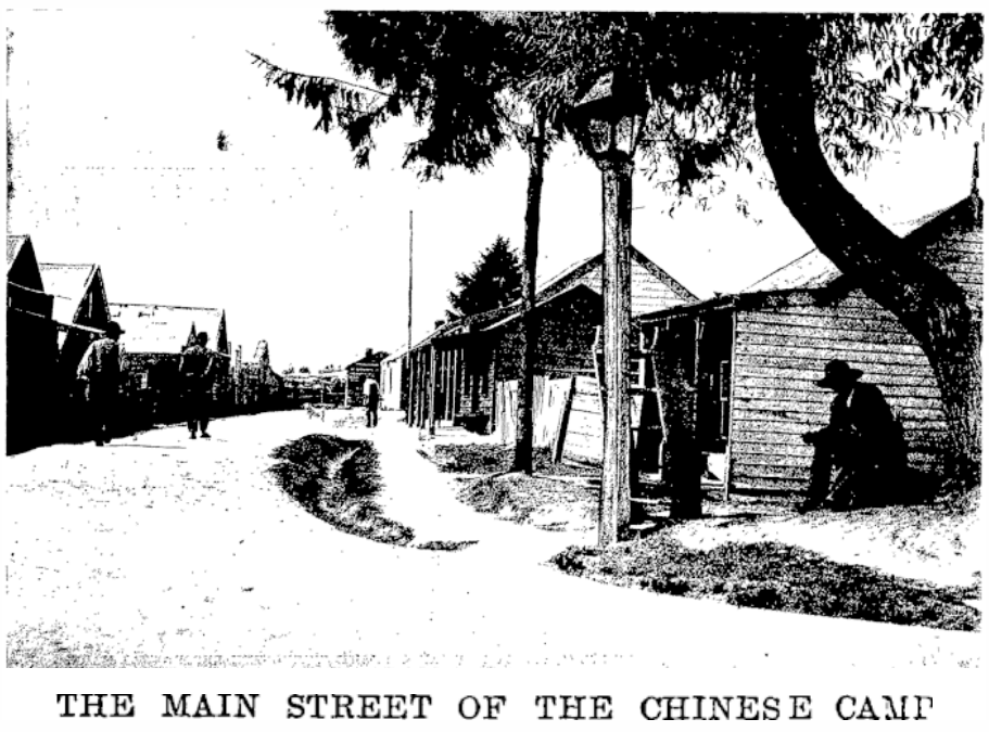 The Chinese Camp in 1904 - Joss House at right front. Source: Papers Past